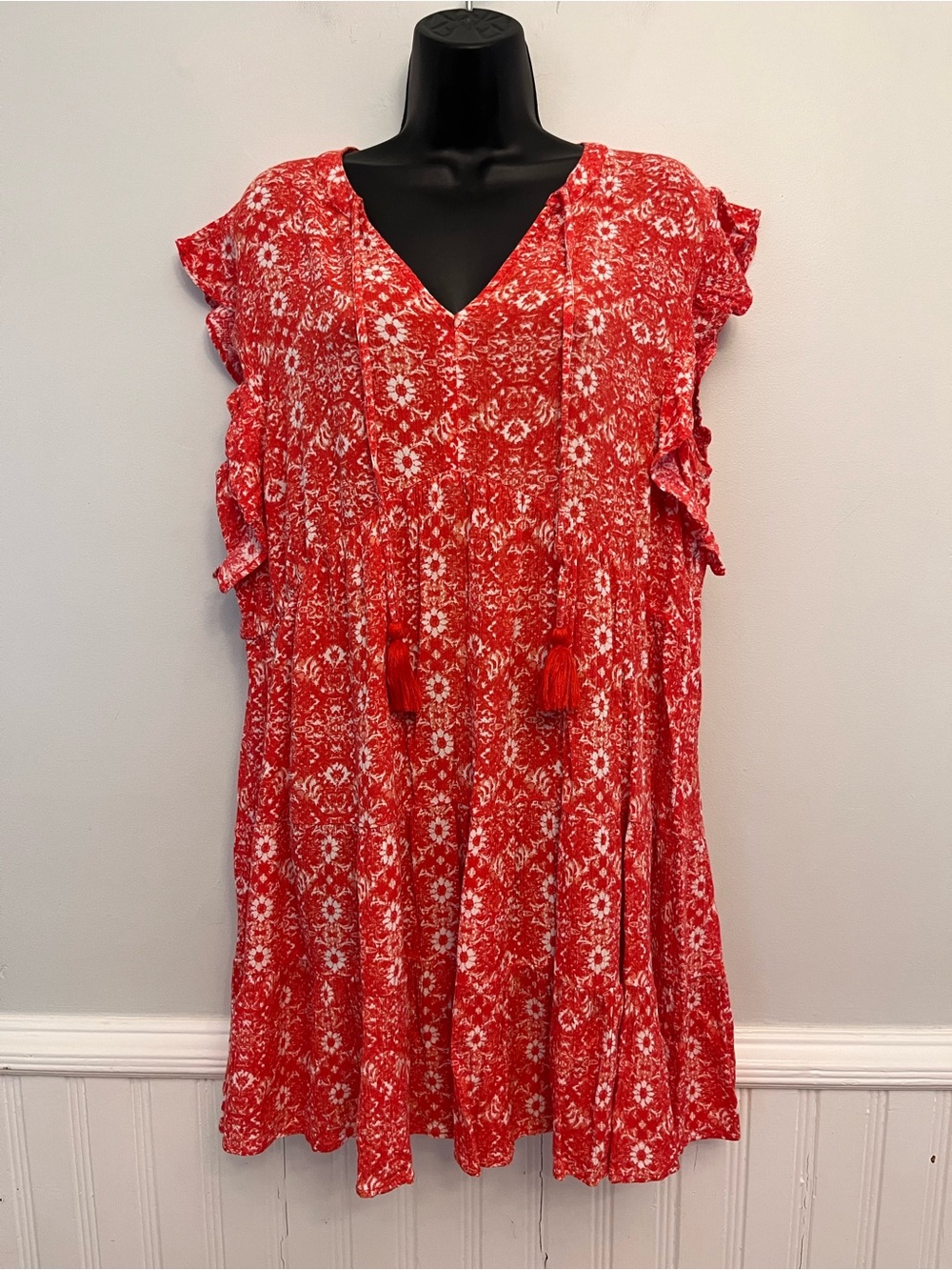 Ivy Red Floral Boho Tiered Dress, Size XL